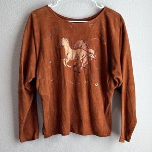 Char 100% Leather Western Horse Brown Orange Long Sleeve Shirt Small